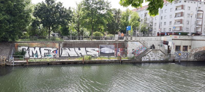 View of a billboard on the canal bank