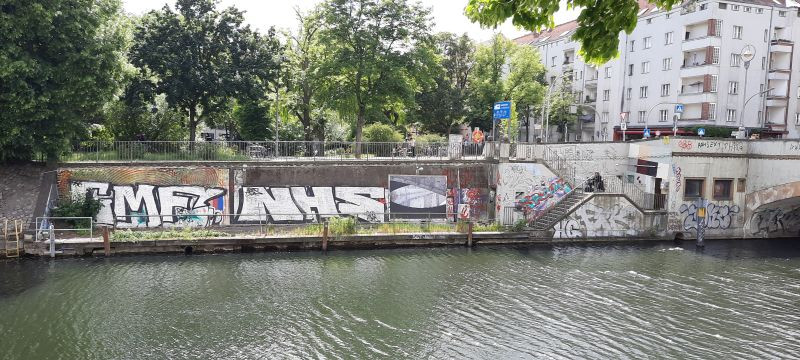 View of a billboard on the canal bank