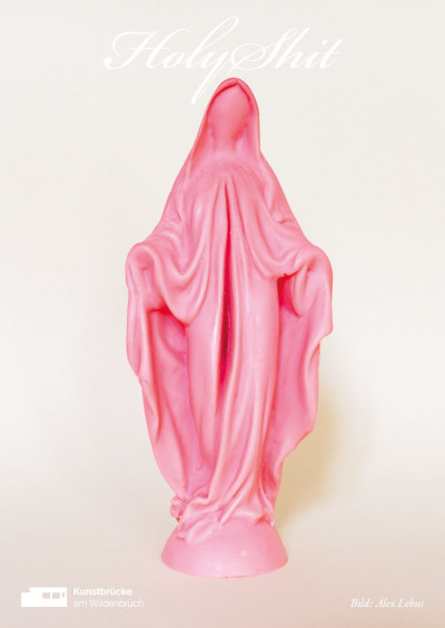 A pink Madonna figure with a cloak that opens in the middle to reveal a vulva